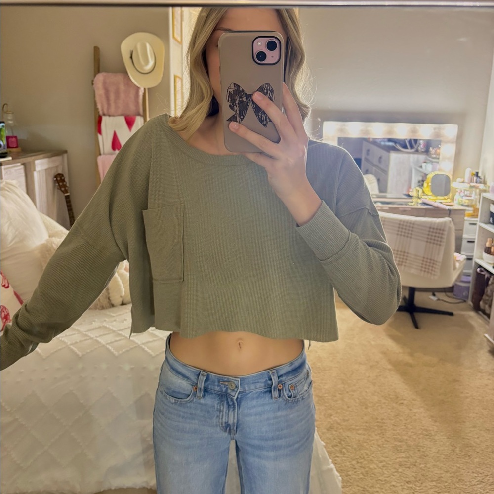Altar'd State Sage Green Long Sleeve Cropped Top